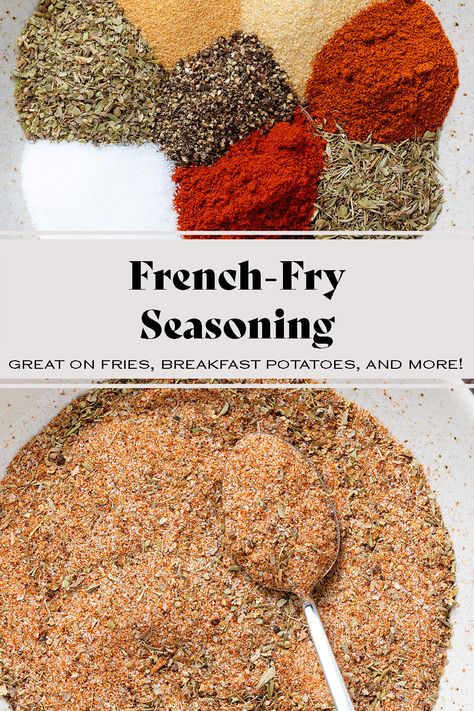 This easy French-Fry Seasoning is great not only on classic french fries but you can also add it to breakfast potatoes, sweet potatoes, or any kind of roasted potato! It's simple and comes together in just 10 minutes. It's a little spicy, smoky, and garlicky. The best seasoning blend for potatoes out there! Spicy Fries Seasoning, Homemade French Fry Seasoning, French Fry Seasoning Recipe Spices, Fries Spices, Best French Fry Seasoning, Fries Seasoning Recipe, French Fries Seasoning, French Frie Seasoning, Seasoned French Fries