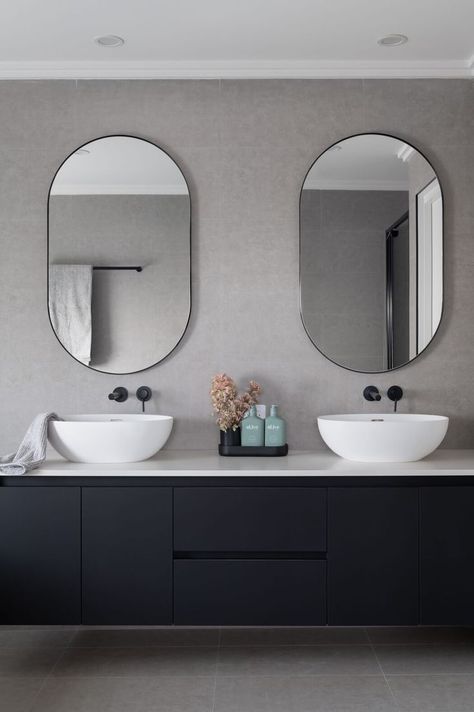 Bathroom Ideas Light Grey, Family Bathroom Vanity, Black Tapwear Bathrooms, Double Vanities Master Bath, Bathroom Vanity Ideas Black, Oval Bathroom Mirrors, Black Basin Bathroom, Black Tapware Bathroom, Bathroom Black Vanity