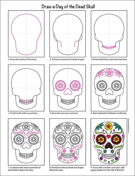 Day of the Dead Skull Drawing for Kids and Coloring Page Halloween Art Lessons, Sugar Skull Drawing, Sugar Skull Painting, Halloween Art Projects, Den Mrtvých, Halloween Kunst, Fall Art Projects, Day Of The Dead Art, 6th Grade Art