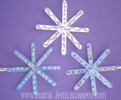 Glitter Snowflakes & Stars {Popsicle Stick Ornaments} « Mama Jenn {the blog} Xmas Stars, Stick Ornaments, Popsicle Stick Ornaments, Popsicle Stick Snowflake, Wooden Craft Sticks, Glitter Snowflakes, Popsicle Crafts, Clear Ornaments, Christmas Tree Star