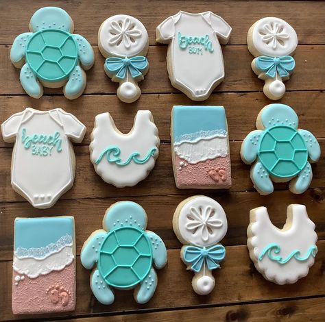 Turtle Baby Shower Theme Girl, Turtle Themed Baby Shower Ideas, Turtle Cookies Decorated, Sea Turtle Baby Shower Ideas, Ocean Baby Shower Ideas, Beach Theme Baby Shower Ideas, Turtle Baby Shower Theme, Beach Baby Announcement, Baby Shower Center