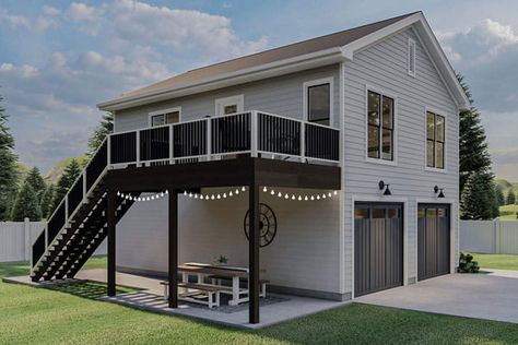 Second Level Deck, Build A Covered Patio, Above Garage Apartment, Two Level Deck, Garage With Living Quarters, Granny Pods, Garage Apartment Plan, Garage Guest House, Carriage House Plans