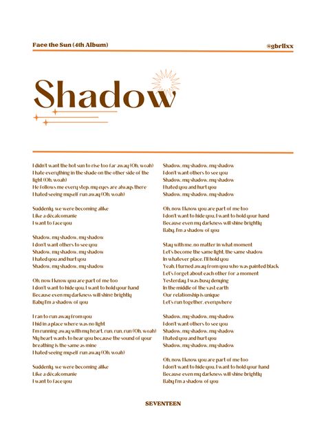 seventeen lyrics Seventeen Shadow Lyrics, Svt Quotes Lyrics, Kidult Seventeen Lyrics, Seventeen Quotes Lyrics, Seventeen Song Quotes, Seventeen Lyrics Quotes, Shadow Seventeen, Seventeen Song Lyrics, Svt Lyrics