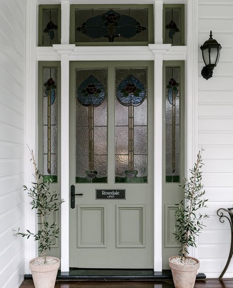 Stained Glass Doors + Windows 🪟 ✨️ At TradCo, we have a deep passion for honouring and preserving period details - stained glass windows and doors being one of them! ⁠ ⁠ Our Door Levers, Knobs and Window Fittings adorn many beautifully restored stained glass windows + doors in our customers homes across Australia 🚪⁠ ⁠ Discover our vast range of restoration hardware online now - TradCo.com.au #TradCo Green Front Door, Green Front Doors, Exquisite Gardens, House Colours, Door Colors, Cottage Farm, Front Door Ideas, Cottage Exterior, Front Deck