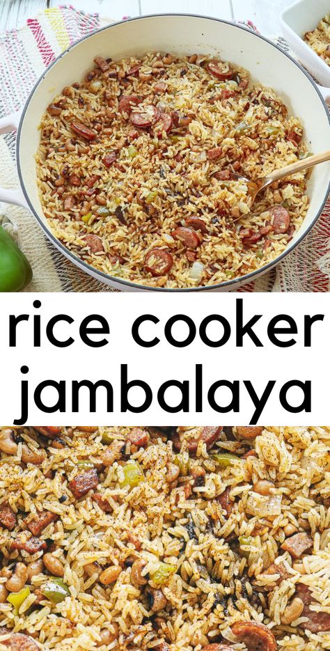 Cajun Black-Eyed Pea Jambalaya - You soon-to-be favorite rice cooker recipe!  #cajun #ricecooker #onepotmeal #easyweeknightmeal #whatcanicookinaricecoooker Rice Cooker Jambalaya, Jumbeliah Recipes, Rice Cooker Recipes Healthy, Rice Cooker Chicken, Sausage Jambalaya Recipe, Jambalaya Rice, Zojirushi Rice Cooker, Aroma Rice Cooker, Chicken And Sausage Jambalaya