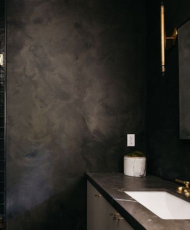 Black Limewash Bathroom, Dark Gray Limewash Wall, Dark Lime Wash Bedroom, Black Plaster Walls, Charcoal Limewash Wall, Limewash Black Wall, Limewash Ceiling, Dark Limewash Walls, Black Limewash Wall