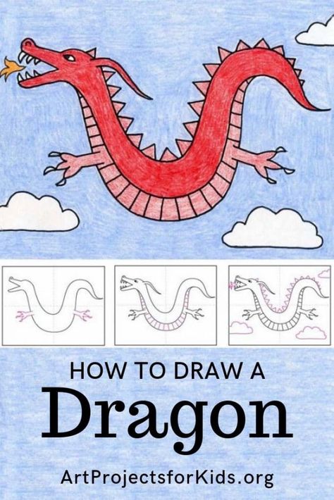 Learn how to draw a Dragon (4 different ways!) with this fun and easy art project for kids. Simple step by step tutorial available. #howtodraw #dragon #artprojectsforkids #chinesenewyear Cool Dragon Drawings, Dragon Tutorial, Draw A Dragon, Easy Dragon Drawings, Dragon Coloring, Kindergarten Art Projects, Drawing Lessons For Kids, Art Projects For Kids, Cartoon Unicorn