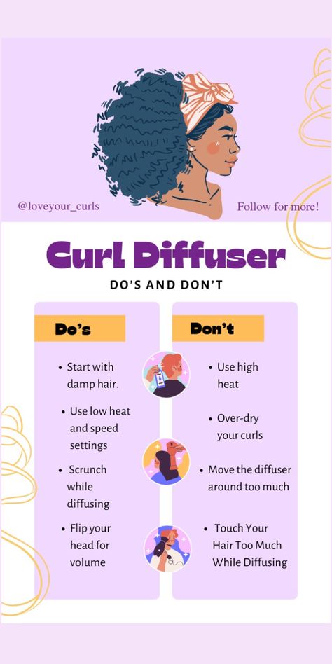 Using a diffuser is one of the best ways to enhance your natural curls without causing frizz or disrupting the curl pattern. But like any tool, there's a right and wrong way to use it. Let's dive into the do's and don'ts of using a diffuser to help you achieve beautifully defined and voluminous curls every time. Best Diffuser For Curly Hair, Hair Diffuser Tips, Diffuser For Curly Hair, Curl Styling, Best Diffuser, Mini Diffuser, Hair Curling Tutorial, Hair Diffuser, Dry Hair Care