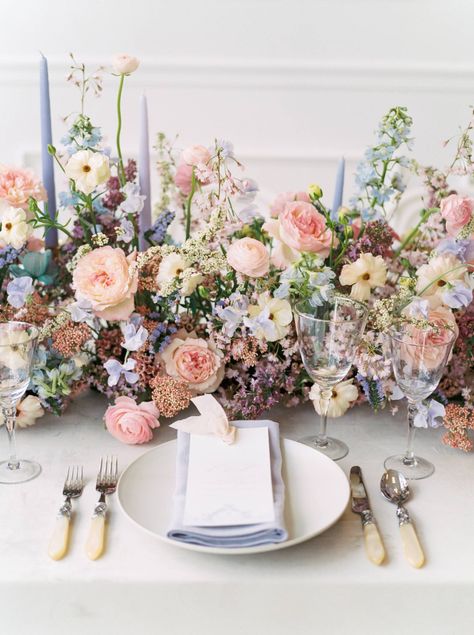 Spring wedding inspiration with the prettiest florals you ever did see! | RochesterWedding Inspiration | Gallery | Item 94 White Rose Centerpieces, David Austin Wedding, Blue Taper Candles, Summer Wedding Reception, Wedding Roses, Country Garden Weddings, Spring Wedding Inspiration, Floral Table Runner, Spring Wedding Flowers