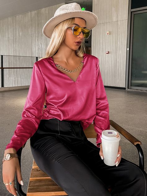 Hot Pink Casual  Long Sleeve Satin Plain Top Embellished Non-Stretch Spring/Fall Women Tops, Blouses & Tee Satin Crop Shirt, Hot Pink Crewneck, Pink Satin Top, Pink Satin Blouse, Crewneck Outfit, Trip Outfits, Retro Styles, Satin Blouses, Pink Crewneck