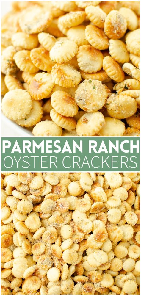 Parmesan Ranch Oyster Crackers - store-bought oyster crackers coated in a buttery ranch seasoning and Parmesan cheese, and then baked until they are toasted and delicious. They are going to be your new favorite snack! Incredible Appetizers, Oyster Cracker Snack, Oyster Crackers Recipe, Seasoned Oyster Crackers, Ranch Oyster Crackers, Ranch Crackers, Parmesan Ranch, Daycare Meals, Seasoned Crackers