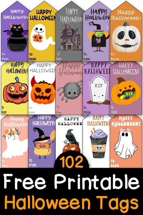 Get this set of 102 free Happy Halloween gift tag printables. There are 102 unique gift tags included in this free set all in one download - no email sign up is required! Spooky gift tags, cute Halloween gift tags, tags for Halloween favors and goodie bags, and so much more! Kids Halloween Treat Bags Ideas, Halloween Goodie Bag Printables Free, Halloween Treat From Teacher, Halloween Treat Bag Printables Free, Happy Halloween Gift Tags Printable Free, Free Halloween Gift Tag Printables, Halloween Treat Tags Free Printable, Halloween Name Tags Printable Free, Happy Halloween Tags Free Printables