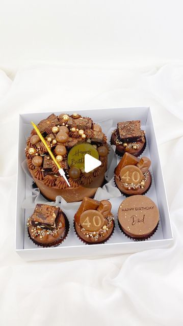 Rose Petal Bakes on Instagram: "🤎🍫DAD, 40🍫🤎 A chocolate overload themed bento cake & matching cupcakes to celebrate a 40th birthday🥳🍫 Decorated with his favourite chocolate & brownie chunks🤎 Colours- @sugarflaircoloursltd Box- @elitepackagingcompany Name stamp- @_euforylab_ #cakeshop #chorleycakes #northwestcakes #lancashirecakes #cakedecorating #cakedesign #cakeart #caketrends #fyp #cupcakes #buttercreamart #chorley #cake #piping #cakeoftheday #cupcakedesign #cakestagram #customcakes #bentocake #chocolate #chocolatecake #chocolateoverload" Name Cupcakes, Chocolate Bento Cake, Cream Art, Cake Trends, Cake Shop, Chocolate Brownies, Bento Box, 40th Birthday, Mini Cakes