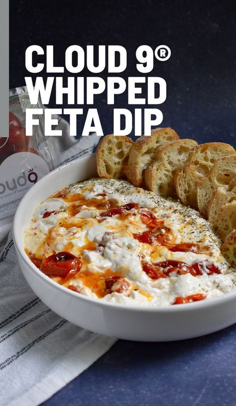 Impress your guests with this Cloud 9® Whipped Feta Dip; roasted sweet tomatoes & smooth feta cheese, it is bursting with flavor in every bite. #cloud9 #awardwinning #bitesized #tomatoes #feta #dip #entertaining #appetizers #healthyapps #whippedfeta #roastedtomatoes #flavorUP #LiveDelciously Feta Cheese Ball, Whipped Feta Dip, Entertaining Appetizers, Healthy Apps, Calabrian Chili, Pampered Chef Recipes, Light Meals, Feta Dip, Tomato Tart