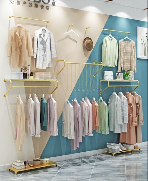 Small Clothing Store Interior Shops, Women's Clothing Store Design, Clothe Store, Small Boutique Ideas, Clothing Store Decor, Golden Clothes, Kids Clothing Store Design, Clothes Shelf, Clothing Boutique Interior