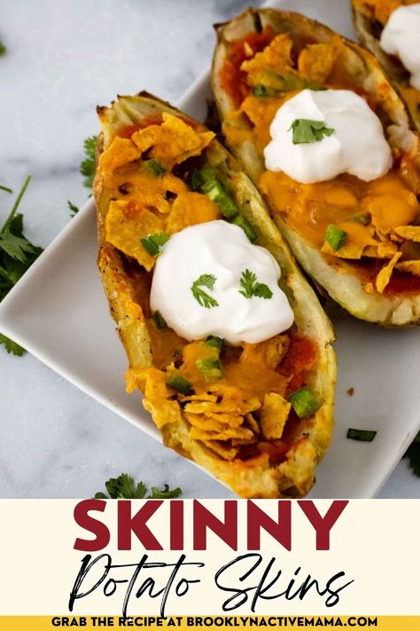 This Skinny Potato Skins Recipe is a lighter version of your usual loaded potato skins recipe. Made with delicious easy ingredients! Healthy Potato Skins Recipe, Healthy Potato Skins, Loaded Potato Skins Recipe, Potato Skins Recipe, Loaded Potato Skins, Potatoe Skins Recipe, Easy Mixed Drinks, Easter Fun Food, Best Homemade Ice Cream