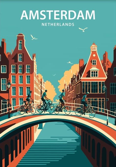 Amsterdam Poster Vintage, Amsterdam Postcard, Netherlands Illustration, Amsterdam Illustration, Los Angeles Travel Poster, Amsterdam Poster, City Posters, Pink Canvas Art, Printable Wall Collage