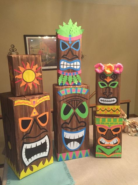 Luau Tent Decorations, Hawaii Classroom Decorations, Dollar Tree Hawaiian Party Decorations, Painted Tiki Faces, Margaritaville Party Decor, Hawaii Graduation Party Ideas, Luau Classroom Party, Hawaiin Party Ideas, Hawaii Party Ideas