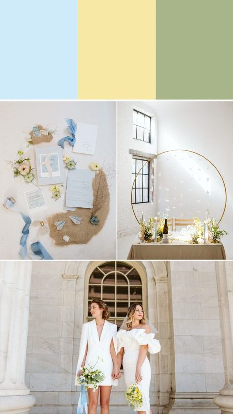 Inspired by nature, blues, yellows, and greens are making waves in the wedding scene. Baby blue, sage green, and yellow are being paired together to evoke a sense of whimsy–and boy, do we love it. This color palette works exceptionally well for outdoor/garden weddings, although we think it’d work in any setting when you want to take the magic up a notch. | Images by Larsen Photo Co. Pale Yellow Blue And Green Wedding, Green Yellow Blue Wedding, Blue Green Yellow Wedding, Yellow Color Palette Wedding, Sage Green And Yellow, Blue And Green Wedding, Blue And Yellow Wedding, Blue Yellow Weddings, Blue Moodboard