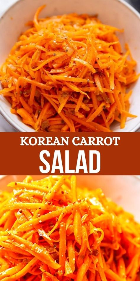 This Korean Carrot salad might not be the most authentic Korean recipe but it is delicious and so worth sharing! Grated carrots and cracked coriander seeds in a zesty vinaigrette type dressing. Korean Carrot Salad, Korean Carrot, Korean Food Side Dishes, Perfect Salad Recipe, Koreansk Mat, Carrot Salad Recipes, Korean Side Dishes, Spicy Korean, Carrot Salad