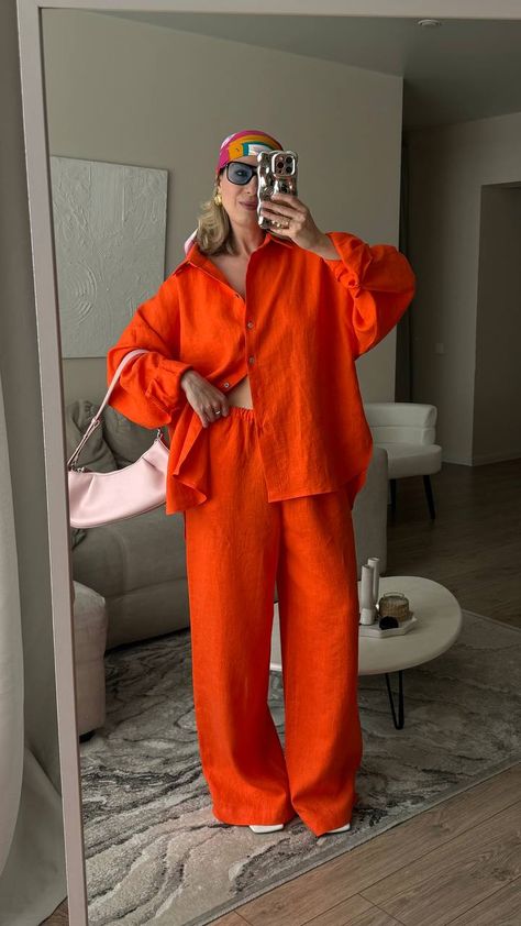 Bright Linen Outfit, Comfy Orange Outfits, Orange Outfit Monochrome, Monochromatic Orange Outfit, Casual Orange Sets Relaxed Fit, Plus Size Monochromatic Outfits, Mode Kimono, Modest Dresses Casual, Stylish Work Attire