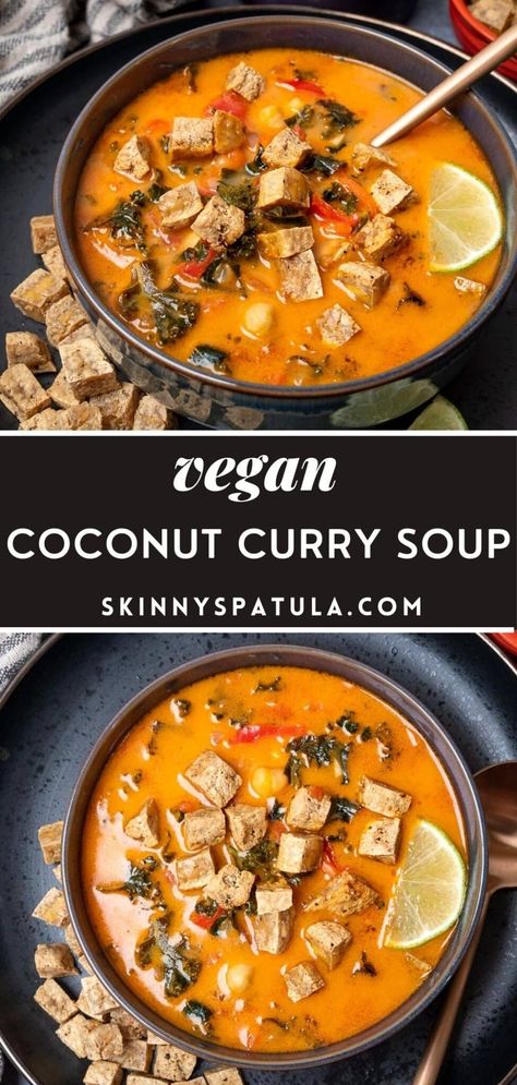 Coconut Curry Soup with Crispy Tofu Tofu Curry Soup, Coconut Curry Soup Vegetarian, Vegan Curry Noodle Soup, Tofu Coconut Curry Soup, Thai Coconut Curry Soup Vegan, Vegan Coconut Curry Ramen, Tofu Coconut Curry, Thai Curry Soup, Thai Coconut Curry Soup