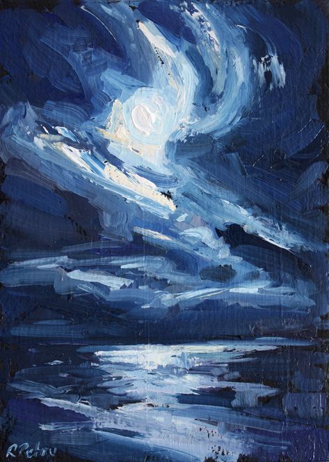 moon over the ocean 5x7″ oil on cradled panel7/8" inch deep original oil painting Moon Over The Ocean Painting, Moon Sea Painting, Moon Ocean Painting, Ocean Painting Aesthetic, Painting Ideas Blue, Ocean And The Moon, Moon Over The Ocean, Navy Blue Painting, Blue Universe