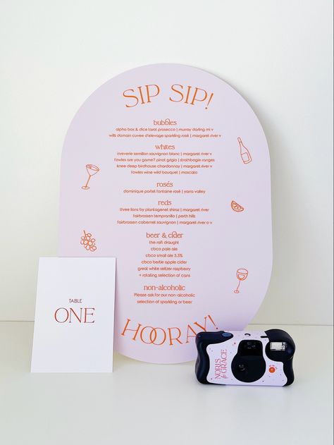 Oval shaped bar sign with a matching kodak disposable camer and table number by Tawo Studio Orange Wedding Stationery, Kodak Disposable Camera, Disposable Cameras, Semillon, Lilac Wedding, Bridal Table, Disposable Camera, Orange Wedding, Bar Menu