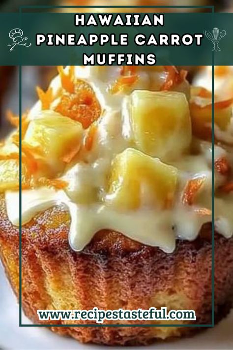 Delightfully moist and flavorful, these Hawaiian Pineapple Carrot Muffins are a perfect blend of sweet carrots and tangy pineapple, topped with a creamy frosting. Ideal for breakfast or a tasty snack! Hawaiian Pineapple Carrot Muffins, Carrot Muffins Moist, Pineapple Carrot Muffins, Carrot Pineapple Muffins, Sweet Carrots, Creamy Frosting, Carrot Cake Muffins, Carrot Muffins, Sweet Carrot