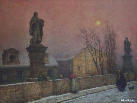 Jakub Schikaneder (1855-1924) ✿ | Catherine La Rose ~ The Poet of Painting Jakub Schikaneder, Moonlight Painting, Painting Collage, Impasto Painting, Bohemian Art, Art Video, Night Art, Chiaroscuro, Winter Landscape