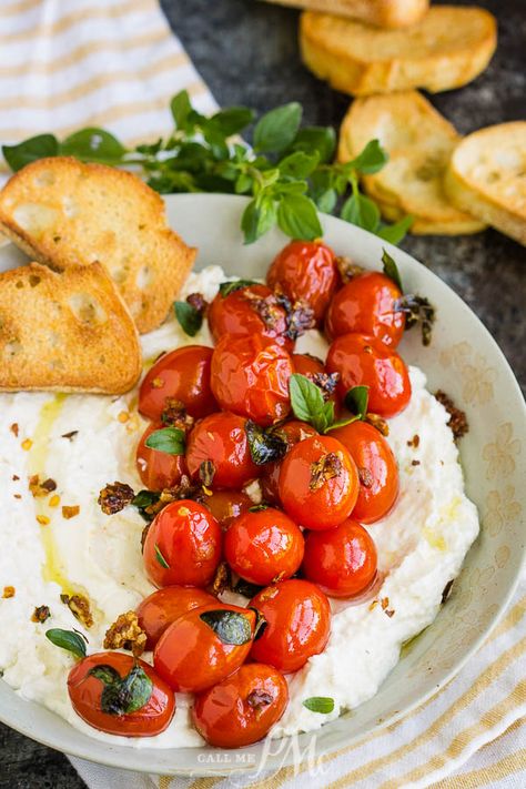 Whipped Feta with Blistered Tomatoes, In this recipe, whipped feta adds a creamy and salty zing and is perfectly balanced by the slightly sweet blistered tomatoes! #feta #cheese #dip #spread #recipe #tomato #grapetomato #cherrytomatoes #appetizer #easy #bruschetta Whipped Feta With Tomatoes, Creamy Whipped Feta Dip With Roasted Tomatoes And Chickpeas, Whipped Feta Bruschetta, Feta Appetizer Recipes, Roasted Beats, Bruchetta Appetizers, Bruschetta Recept, Feta Cheese Dip, Shower Recipes