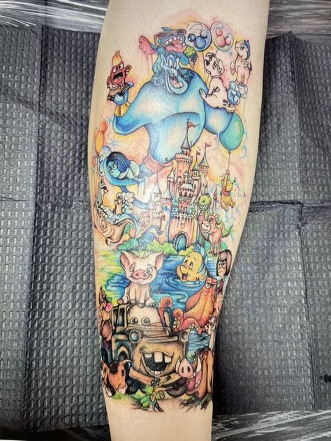 Disney Tattoos Sleeve Leg, Big Disney Tattoos, Disney Leg Tattoos For Women, Sleeve Disney Tattoo, Disney Thigh Tattoos Women, Disney Arm Sleeve Tattoos For Women, 2000s Cartoon Tattoos, Disney Sleeve Tattoo For Women, Cartoon Tattoos Women