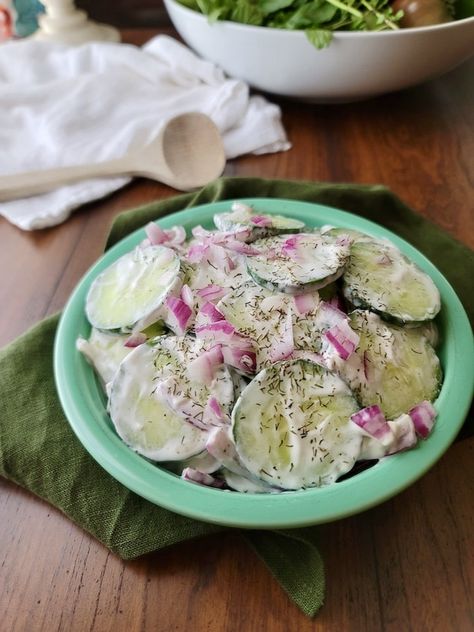 These PA Dutch Creamed Cucumbers are an old-time favorite. Crisp sliced cucumbers, sliced onions, and a creamy dressing make for a light and refreshing side dish. Creamy Cucumbers And Onions, Country Meals, Bbq Foods, Slow Cooker Kielbasa, Amazing Salads, Pennsylvania Dutch Recipes, Side Dishes For Ham, Amish Lifestyle, Farm Recipes