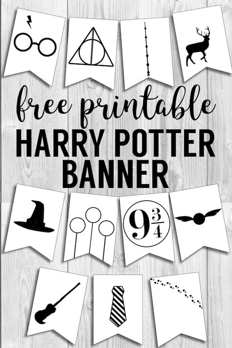 Harry Potter Banner Free Printable Decor. Harry Potter Hogwarts icon banner for party decor , bedroom decor or birthday party decorations. #papertraildesign #harrypotter #hogwarts #harrypotterdecor Harry Potter Motto Party, Harry Potter Weihnachten, Baby Harry Potter, Harry Potter Banner, Banner For Party, Harry Potter Party Decorations, Harry Potter 6, Classe Harry Potter, Harry Potter Christmas Decorations