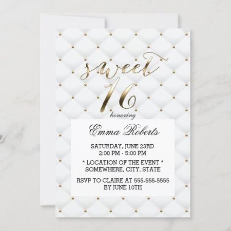 Sweet 16 Elegant Gold & White Quilts for $2.80 - Birthday Invitations Gold And White Sweet 16, Sweet 16 Party Themes, 16th Birthday Decorations, 80th Birthday Invitations, Sweet 16 Decorations, White Quilts, Sweet Sixteen Invitations, Sweet 16 Invitations, Sweet 16 Parties