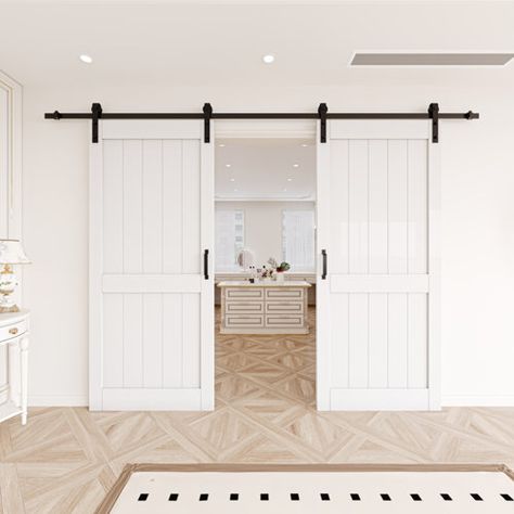 ARK DESIGN Manufactured Wood Prefinished Double Sliding Barn Door with Installation Hardware Kit | Wayfair Double Barn Doors Sliding, Sliding Barn Door Closet, Double Sliding Barn Door, Beams Living Room, Double Sliding Barn Doors, Barn Door Closet, Double Doors Interior, Wood Barn Door, Double Sliding Doors