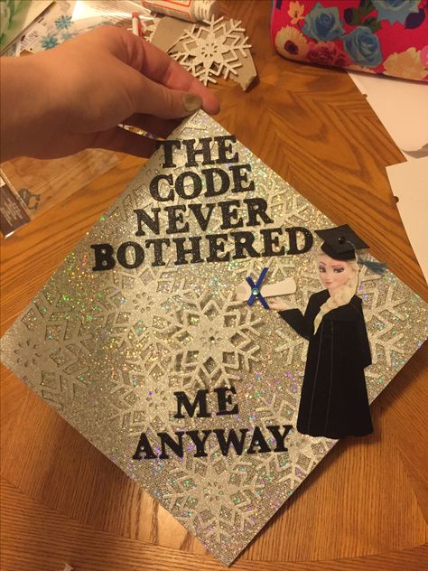 Finally finished my cap! Coding Graduation Cap, Science Graduation Cap, Graduation Cap Designs College, Teacher Graduation Cap, College Grad Cap Ideas, Graduation Images, Graduation Cap Decoration Diy, High School Graduation Cap, College Graduation Cap Decoration