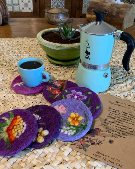 Felt coasters #felt#needlefelting#handmade#craft#coasters#homedecor Craft Coasters, Felted Coasters, Wool Painting, Felt Coasters, Cup Coaster, Needle Felting, Handmade Crafts, Fiber Art, Coffee Cups