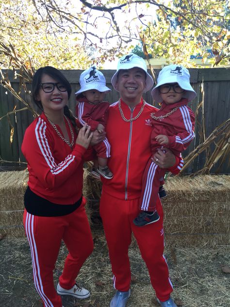 Family Halloween Costume - Run DMC/LL Cool J/80s-90s Hip Hop Crew.  Matching Addidas Track suits, "Kangol" bucket hats, gold chains and black eyeglass frames.    We walked around with a mini speaker playing hip hop hits! Run Dmc Costume, Parties Outfit, 90s Halloween Party, Family Running, Family Halloween Costume, Outfit Clubwear, 80s Party Outfits, Couple Costume, Twins Birthday