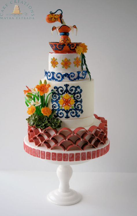 Inspired by the Andalusian style gardens of Old Spain.  Fountain... Spain Cake, Spring Flower Cookies, Flower Pot Cake, World Cake, Cherry Blossom Cake, Artist Cake, Cake In A Can, Easter Bunny Cake, Gardens Of The World