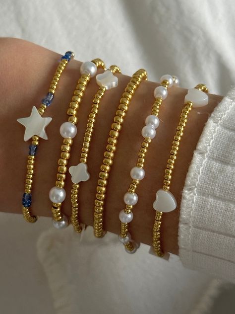 *standard bracelet size 6 1/2" on stretchy string (for custom size put length in order note)* Bead Bracelets Aesthetic, Gold Beaded Bracelets, Preppy Accessories, Small Bead Bracelet, Gold Bead Bracelet, Homemade Bracelets, Preppy Jewelry, Clover Bracelet, Stacking Bracelets