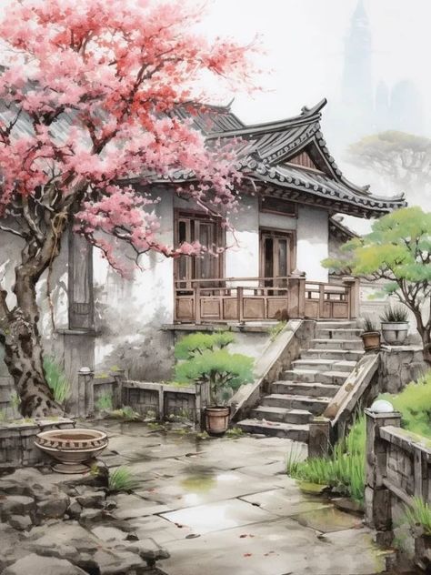 Korean Architecture Drawing, Korean Architecture Traditional, Pagoda Watercolor, Watercolor Art Landscape, Japanese Watercolor, Chinese Landscape Painting, African Paintings, Ancient Paintings, Italy Painting