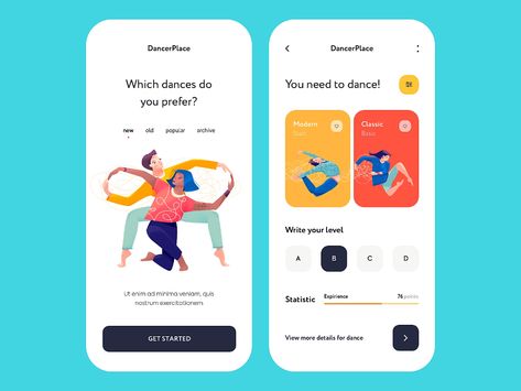 Mobile app - DancerPlace by Outcrowd on Dribbble Dance App, Mobile App Inspiration, Ui Illustration, Ux Trends, Ui Design Mobile, App Inspiration, Illustration Minimal, Mobile App Ui, Ui Design Inspiration