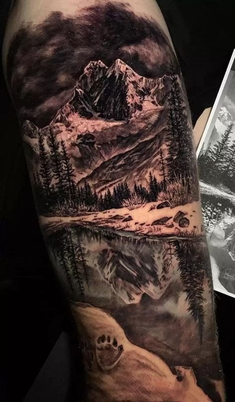 Mountain Sleeve Tattoo, Mountain Tattoo Ideas, Forest Tattoo Sleeve, Natur Tattoo Arm, Outdoor Tattoo, Mountain Tattoos, Animal Sleeve Tattoo, Nature Tattoo Sleeve, Wolf Tattoo Sleeve