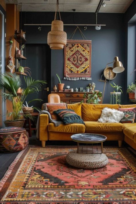 16 Dark Boho Living Room Interior Designs You Will Fall In Love With! - My Decor Inspo Chaotic Room, Pink Green Aesthetic, Chaotic Room Aesthetic, Dark Boho Living Room, Spring Living Room Decor, Colorful Rooms, Aesthetic Tips, Rumpus Room, Spring Living Room