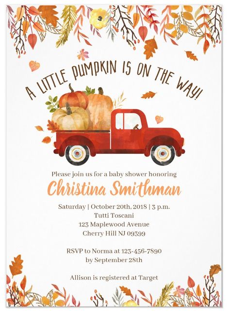 Fall baby shower invitations. "A little pumpkin is on the way!" Edit instantly and have these invitations printed and shipped to you through Zazzle.com The beautiful illustration work was done by RedDogStudioShop Red Pickup Truck, Twins Baby Shower Invitations, Fall Baby Shower Invites, Boho Baby Shower Invitations, Woodland Baby Shower Invitations, Couples Shower Invitations, Pumpkin Truck, Twins Baby Shower, Baby Invitations