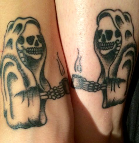 Couples Tattoos Halloween, Men’s Best Friend Tattoos, Evil Matching Tattoos, Dark Matching Tattoos For Best Friends, Couple Tattoos Funny Creative, Funny Couple Tattoo Ideas, Matching Creepy Tattoo, Couples Horror Tattoos, Matching Tattoos Skeleton