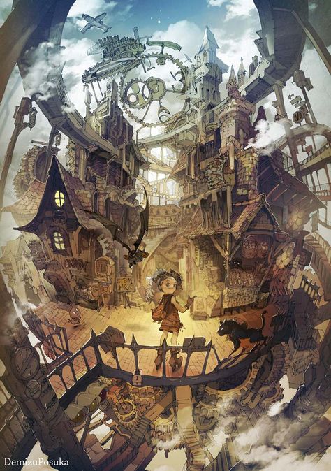 Posuka Demizu, Steampunk City, Steampunk Artwork, Steampunk Aesthetic, Arte Indie, Perspective Art, Fish Eye, Steampunk Art, Fantasy Art Landscapes