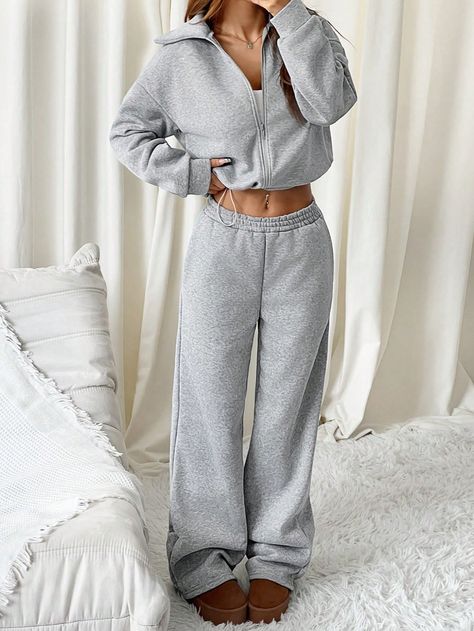 2pcs Casual Open-Front Sweatshirt And Sweatpants Set, Autumn Grey Casual    Plain  Slight Stretch  Women Clothing, size features are:Bust: ,Length: ,Sleeve Length: Comfy Casual Outfits Lazy Days, Sweat Pant Outfits, Sweatshirt And Sweatpants Set, Sweats Set, Outfits Lazy, Sweat Women, Comfy Casual Outfits, Grey Sweats, Trendy Streetwear