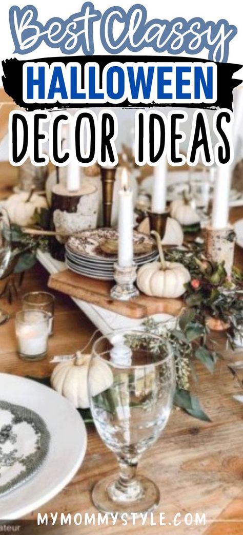 Deck out your home with sophistication this Halloween! Discover classy decor ideas that blend seamlessly with your interior design. From stylish indoor decorations to chic outdoor arrangements, we've got you covered. Get inspired with these mood boards and grab our free pumpkin carving stencils for a touch of spooky creativity. Low Key Halloween Decor, Countertop Halloween Decor, Gothic Glam Halloween Decor, Formal Dining Room Halloween Decor, Elegant Halloween Dining Table Decor, Glam Halloween Dinner Party, Black And Gold Halloween Tablescape, Free Pumpkin Stencils, Free Pumpkin Carving Stencils